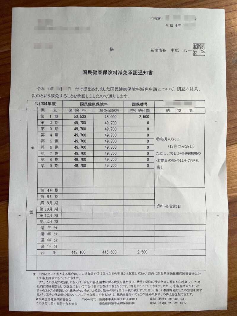 国民健康保険減免承認通知書